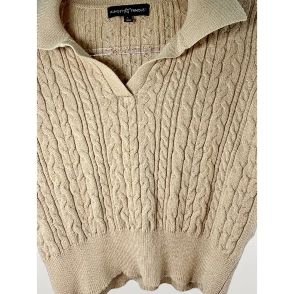 Almost Famous Women's L Tan Cable‎ Knit Cropped Polo Sweater Preppy Academia Y2K